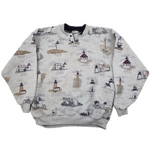 VTG Art Unlimited Lighthouse Pullover Henley Sweatshirt XL USA Made AOP Grey